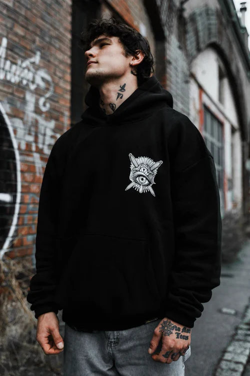 Think Twice graphic hoodie in black featuring dagger, hand, and eye design – alternative streetwear