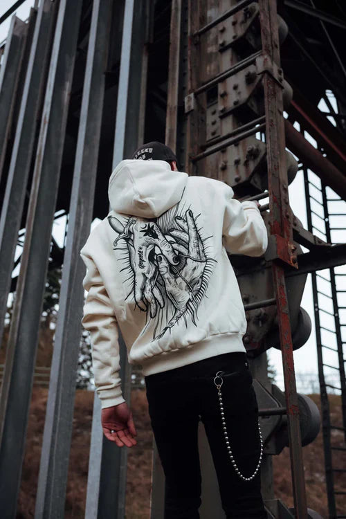 Tattoo-inspired graphic hoodie by WildbeaSt – relaxed unisex fit in black and white