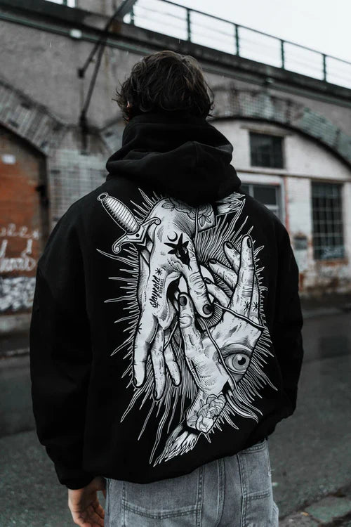 Unisex relaxed fit hoodie with tattoo-inspired graphic artwork on back and chest