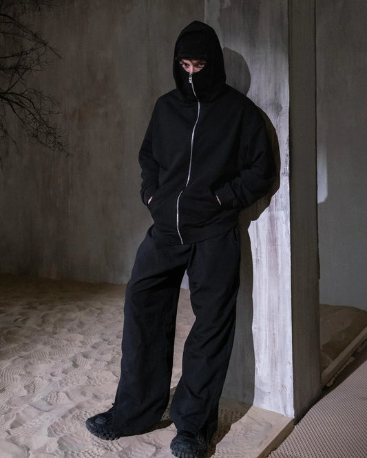 WildBeast balaclava hoodie with model wearing full face cover