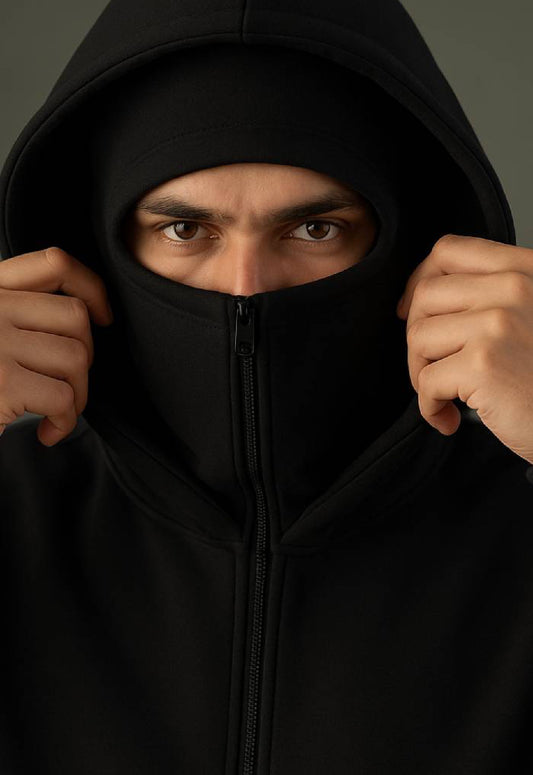 Close-up of black balaclava zipper hoodie with full face cover