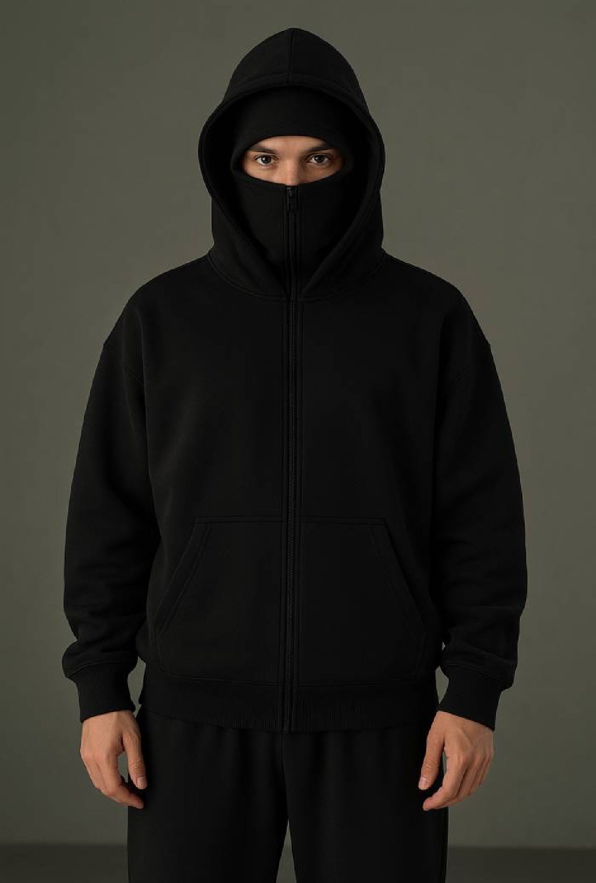 Front view of black hoodie with built-in balaclava mask and zipper
