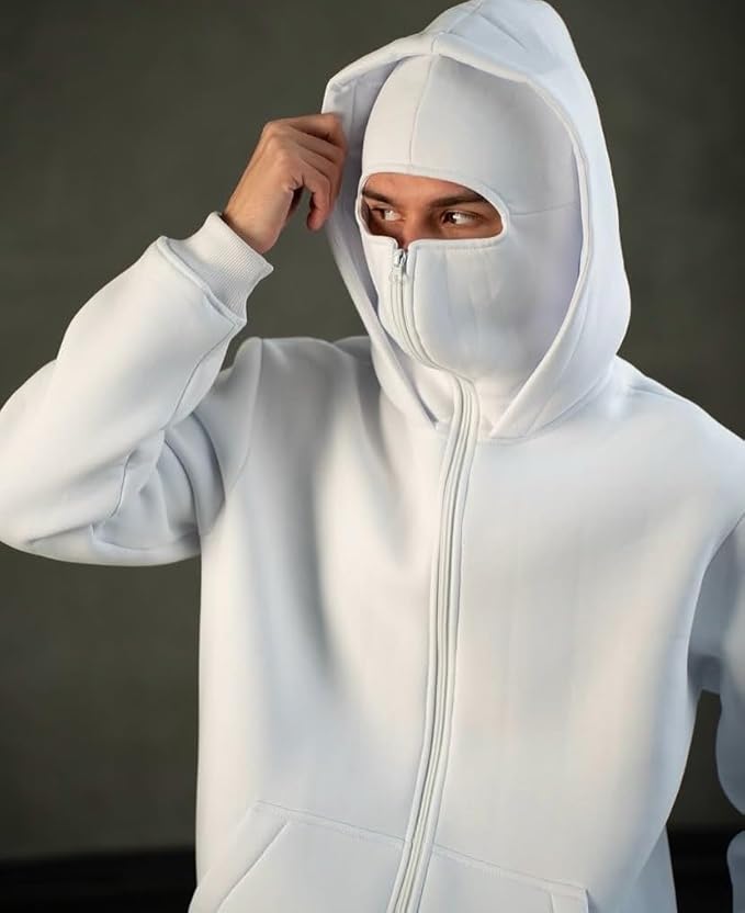Unisex White Balaclava Hoodie with Zipper & Kangaroo Pocket – Wildbeast Clothing