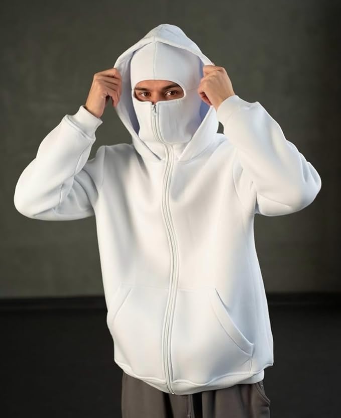 Trendy White Hoodie with Built-in Balaclava Mask – Wildbeast Fashion