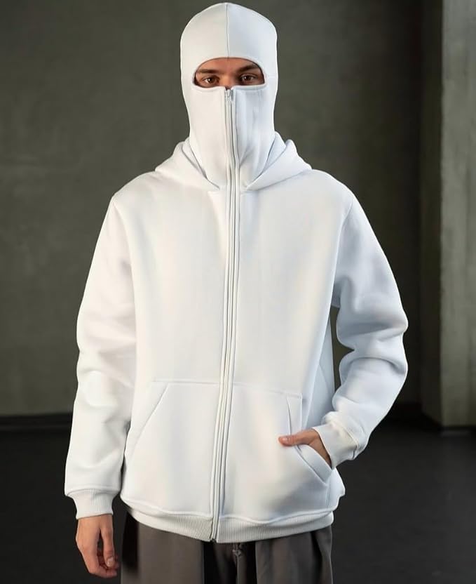 White Balaclava Zipper Hoodie by Wildbeast – Premium Streetwear for Men & Women